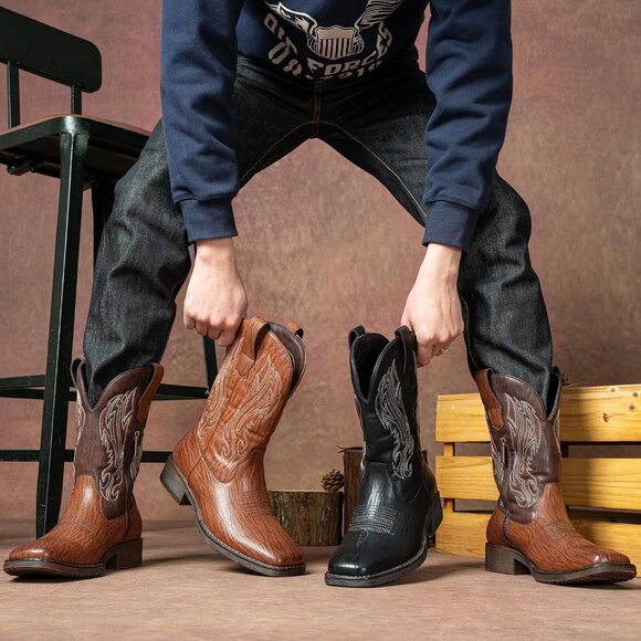 🆕Jousen Mens Amy8420-black Embroidery Retro Square Toe Chunky Heeled Boots - Picture 12 of 12